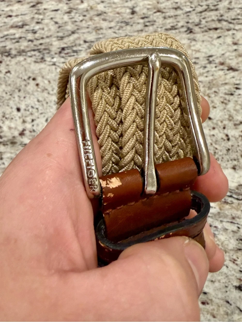 Vtg Y2K Tommy Hilfiger Mens 36-38 Braided Stretch Belt Khaki Brown Leather Logo